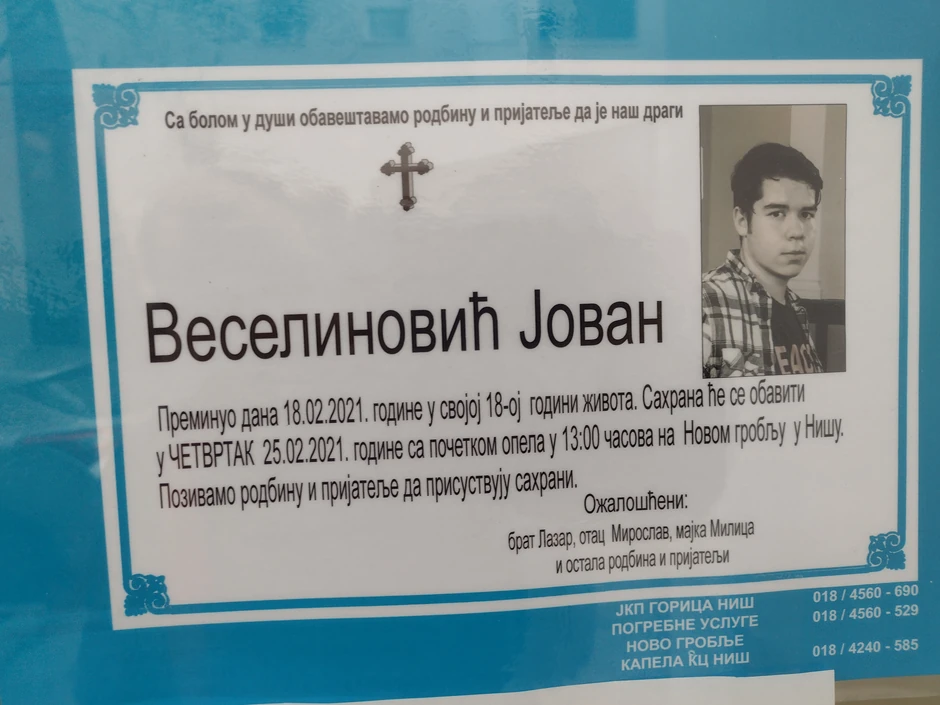 Nastradali mladić biće sahranjen u četvrtak