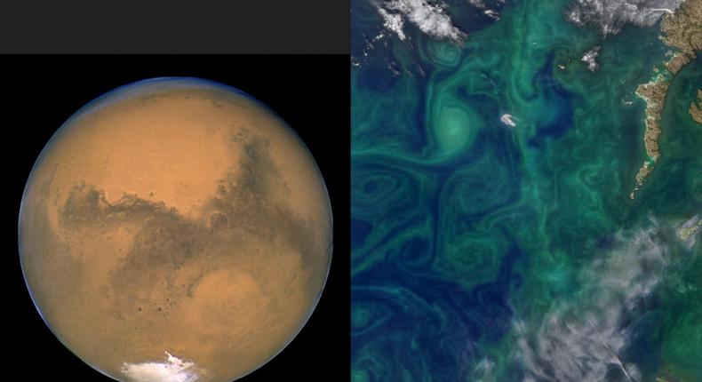 A photo montage shows Mars (left) which some scientists say can influence Earth's ocean currents, like the eddies seen here off the coast of Ireland (right).NASA/Getty Images; Norman Kuring/NASA GSFC; Business Insider