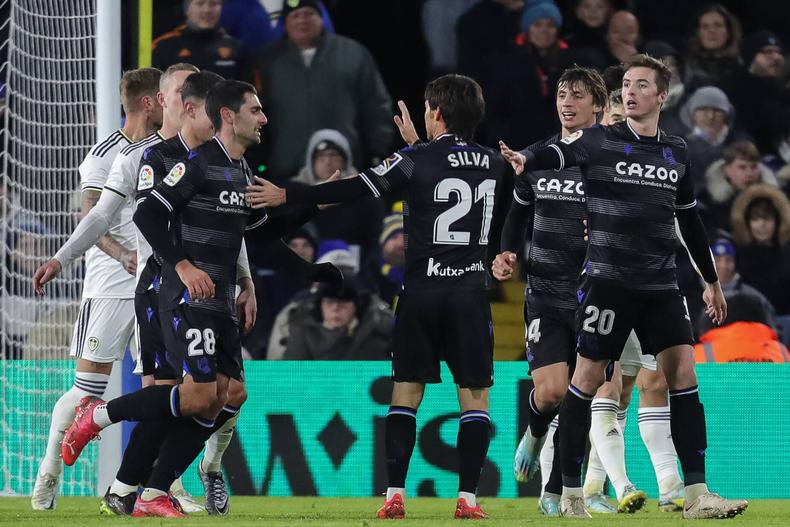 December 16, 2022, Leeds, West Yorkshire, UK: MartoÂn Zubimendi 3 of Real Sociedad celebrates his goal and makes the score 0-1 during the Leeds United vs Real Sociedad mid-season friendly match at Elland Road