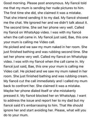 My mom sent nude photos to my fiancé & called him on WhatsApp video while  naked” - Lady | GH Filla - Latest Gossip and Weird News | Pulse.com.gh