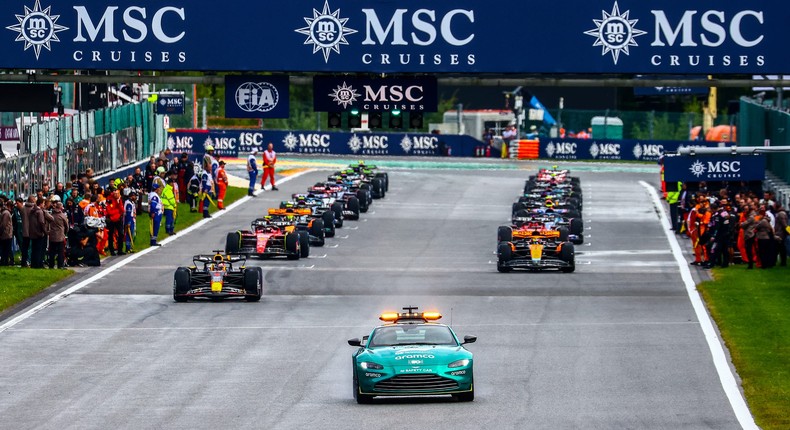 The Formula 1 safety car in front of the pack at the 2023 Belgian Grand Prix.NurPhoto / Getty Images