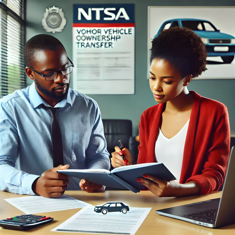 An AI-generated image of a motor vehicle owner and a buyer discussing vehicle ownership transfer documents