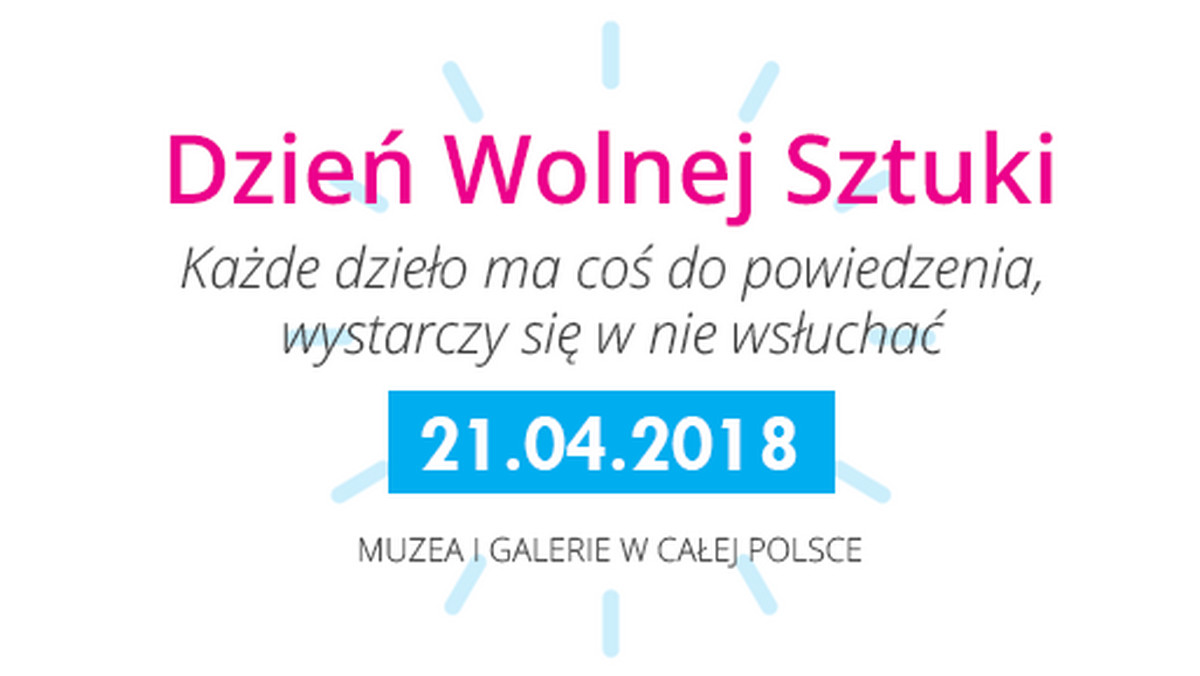 W sobotę, 21 kwietnia, o godzinie 12:00 w 90 muzeach i galeriach w 39 miejscowościach w Polsce odbędzie się ósma edycja muzealnej akcji społecznej Dzień Wolnej Sztuki.