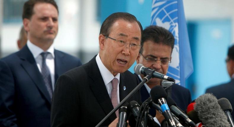 U.N. Secretary-General Ban Ki-moon speaks during a news conference at a United Nations-run school in Gaza City June 28, 2016. 