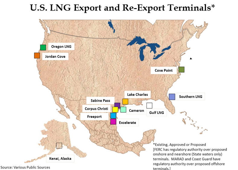 Eksportowe i reeksportowe terminale LNG, należące do USA. Zaznaczono trzy rodzaje terminali: istniejące, te, których budowę zaakceptowano oraz planowane. Stan z grudnia 2012 roku. Źródło: materiały amerykańskiego Departamentu Energii.