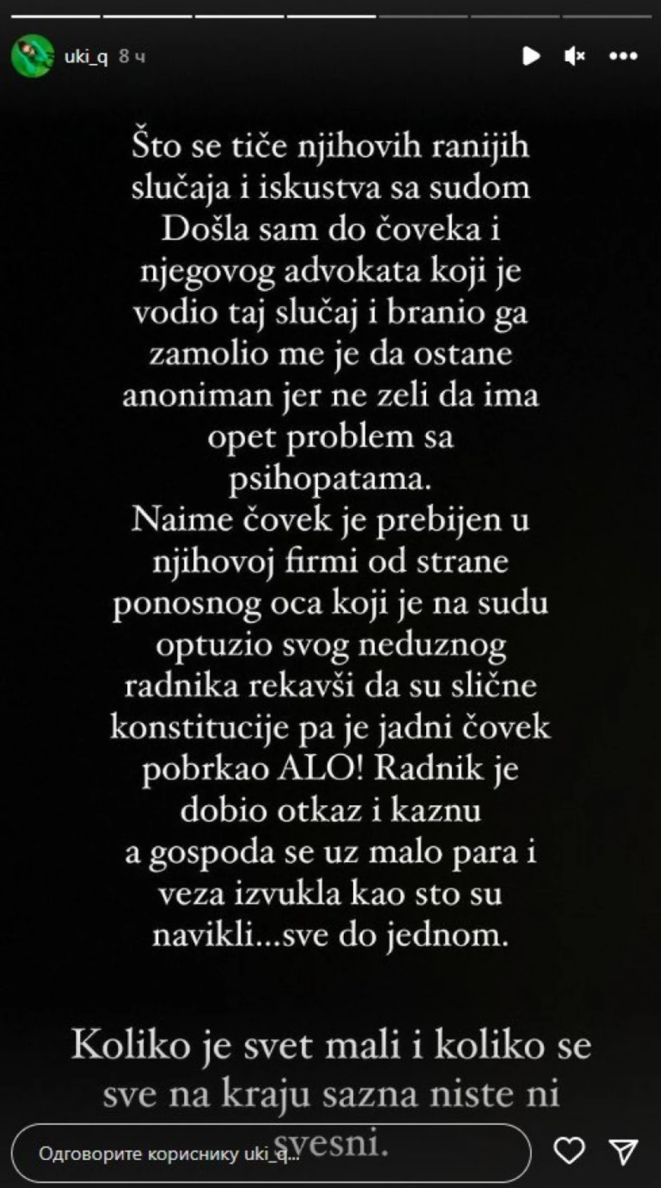 Objava Uki Q o sestri i zetu nasilniku