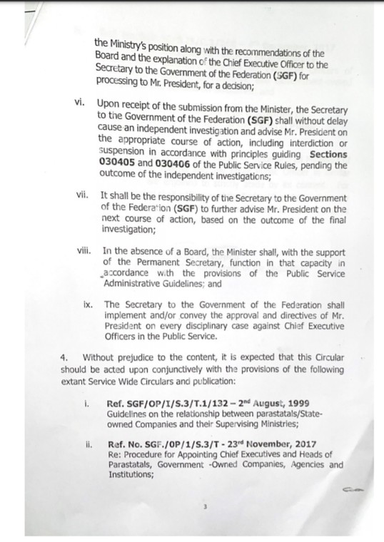 SGF circular to ministers on disciplinary guidelines