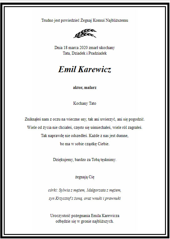 Nekrolog Emila Karewicza
