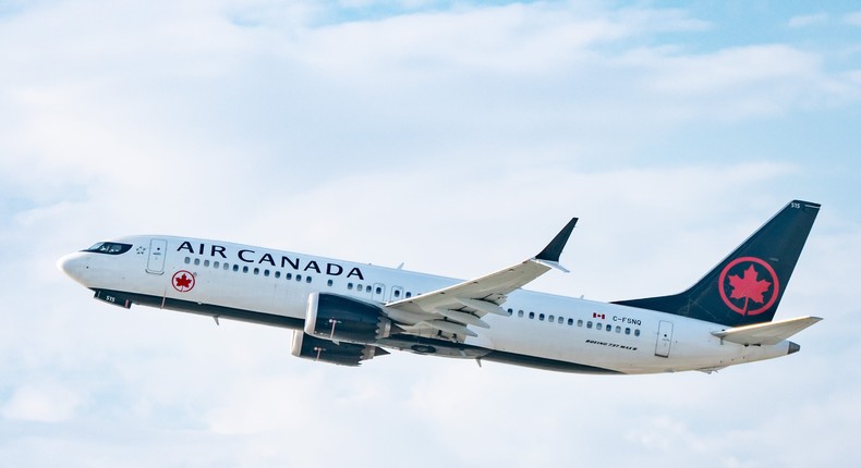 Air Canada Boeing 737 MAX 8 takes off from Los Angeles international Airport on July 30, 2022 in Los Angeles, California.