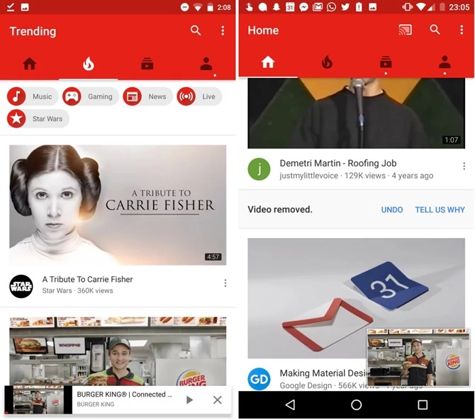 YouTube na Androida z nowym miniodtwarzaczem wideo (po lewej)
