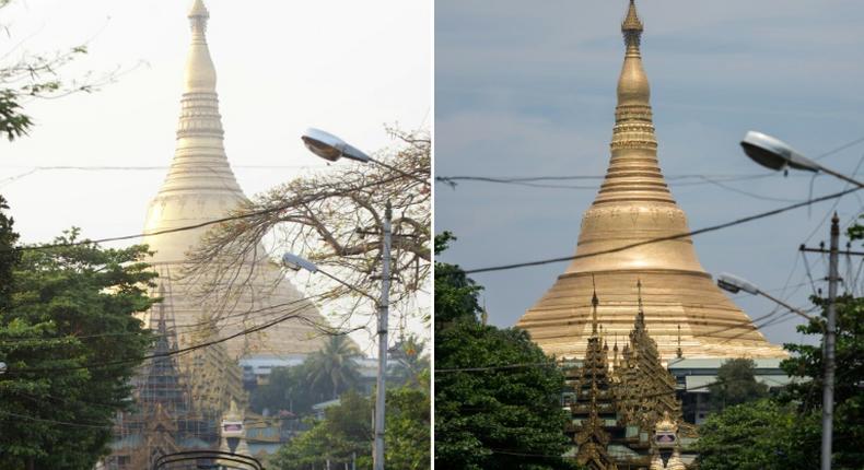 A combination photo  shows a street scene from  normal celebrations for Thingyan a few years ago compared to this year's festival