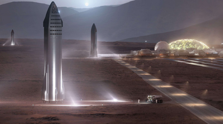 A SpaceX Starship űrjárműve a jövő hét végén indulhat el első Föld körüli tesztrepülésére, ha minden a tervek szerint alakul. A Starship (Csillaghajó) célja, hogy embereket és rakományokat vigyen a Holdra, a Marsra (ahogy e képen is látszik) és azon is túl. Az űrhajót úgy tervezték, hogy teljesen újrafelhasználható legyen, ami Musk szerint az űrrepülés forradalmát indítja el. A Starship Super Heavy első fokozatát a SpaceX 33 új Raptor motorja hajtja, míg a Starship nevű felsőfokozatú űrhajónak hat Raptorja van. Ez a jármű lesz a történelem legerősebb űrhajója, amikor először repül sikeresen. / Fotó: SpaceX