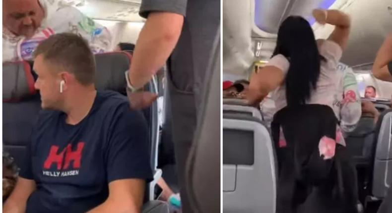 Angry woman beats up insatiable boyfriend on a plane for looking at other pretty ladies (video)