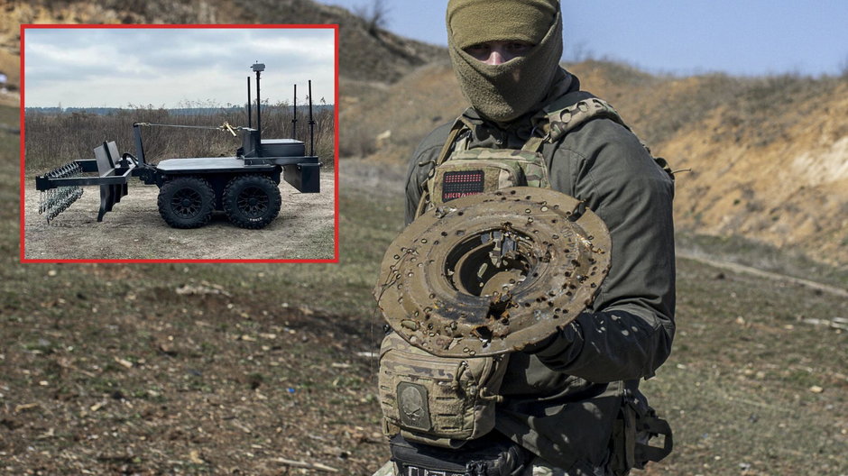 Ukraiński żołnierz z miną oraz pojazd do rozminowywania Ratel