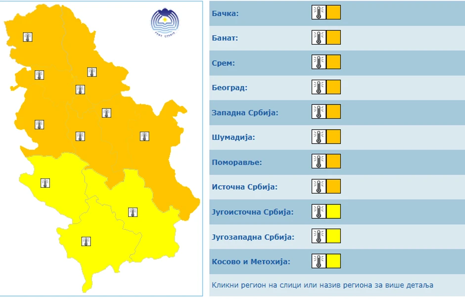 Meteoalarm sutra, 26 juna u Srbiji