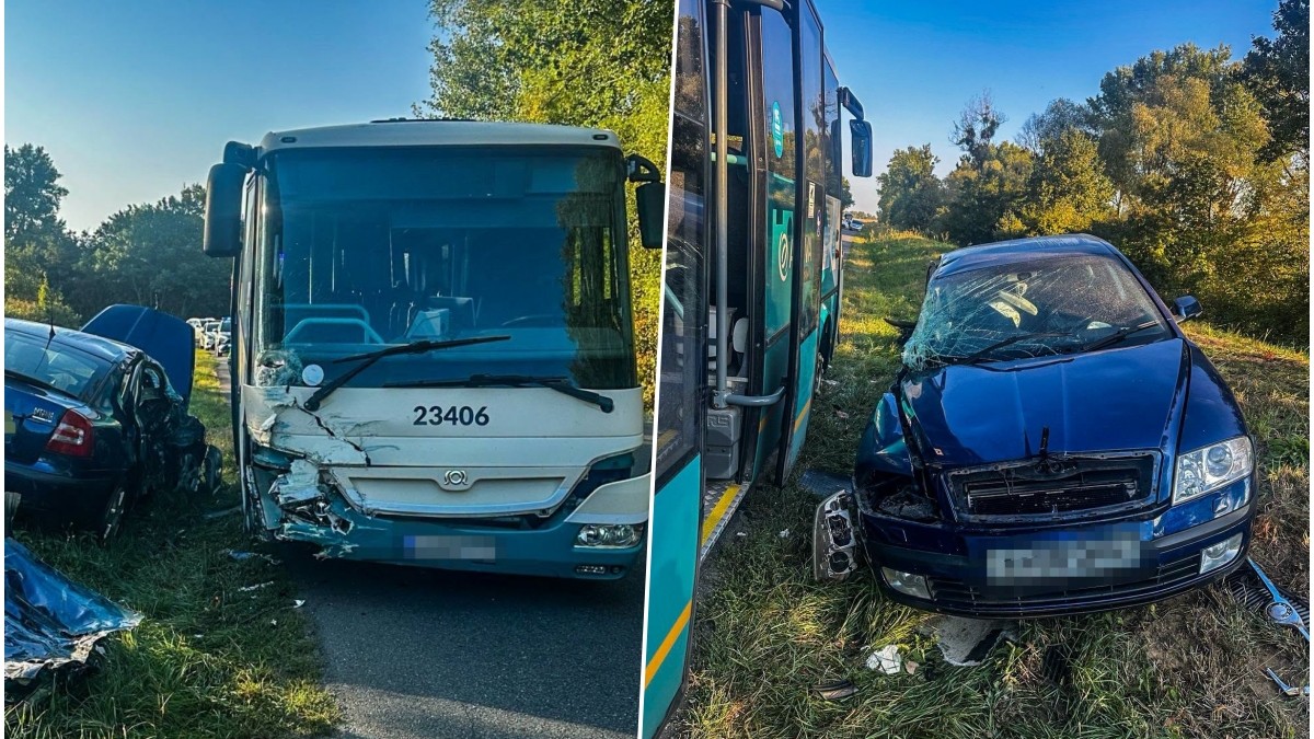 Nehoda osobného vozidla a autobusu pri obci Drahňov. 