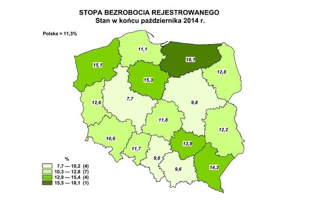 Stopa bezrobocia rejestrowanego - stan na koniec października 2014, źróło: GUS