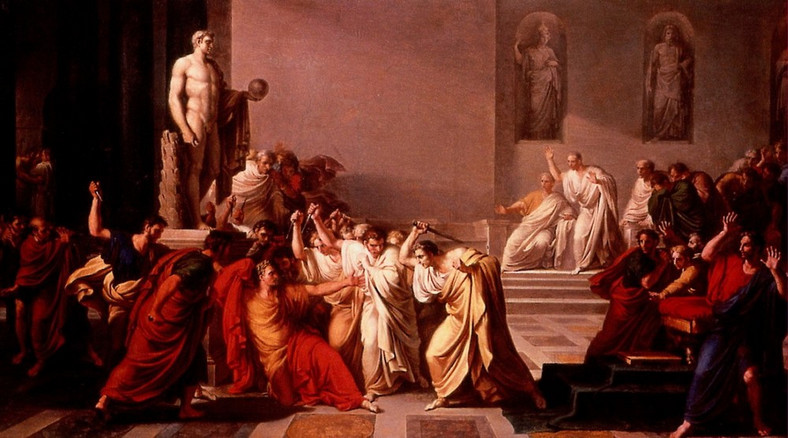 Niewdzięczny Treboniusz przypłacił swój udział w zabójstwie Cezara głową, i to dosłownie. Na ilustracji śmierć Cezara pędzla Vincenzo Camucciniego