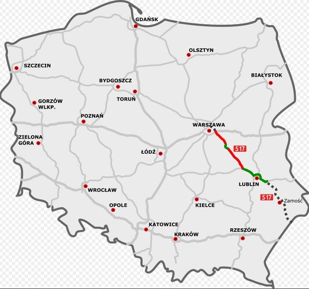 Przebieg trasy S17 Warszawa-Lublin. Autor mapy: rzyjontko (talk) - road plan based on GDDKiA website (Polish Motorways Authority) sections under construction based on SkyskraperCity stats, CC BY 3.0