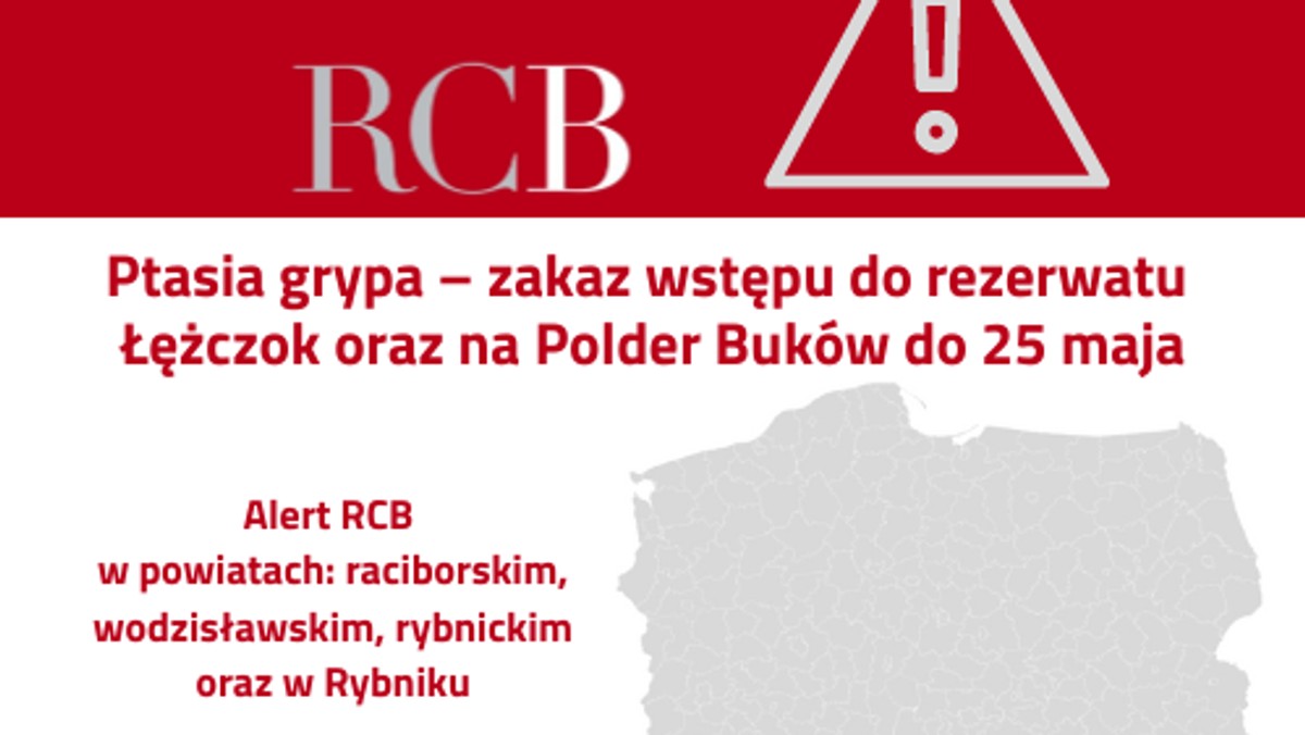 Rządowe Centrum Bezpieczeństwa wysłało ostrzeżenie dla odbiorców w powiatach raciborskim, wodzisławskim, rybnickim oraz w Rybniku. "Zakaz wstępu na teren rezerwatu Łężczok oraz Polderu Bukow z powodu ptasiej grypy" — czytamy. Zakaz wydał także Śląski Urząd Wojewódzki. Powód to stwierdzony wirus wysoce zjadliwej ptasiej grypy H5N1.