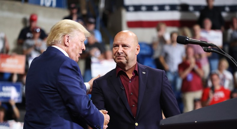 Pennsylvania Republican gubernatorial candidate Doug Mastriano is greeted by former president Donald Trump at a rally to support local candidates at the Mohegan Sun Arena on September 03, 2022 in Wilkes-Barre, Pennsylvania.