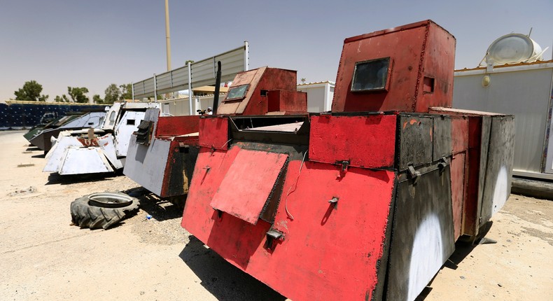 Vehicles used for suicide car bombings, made by ISIS militants, at Federal Police headquarters after being confiscated in Mosul, Iraq.