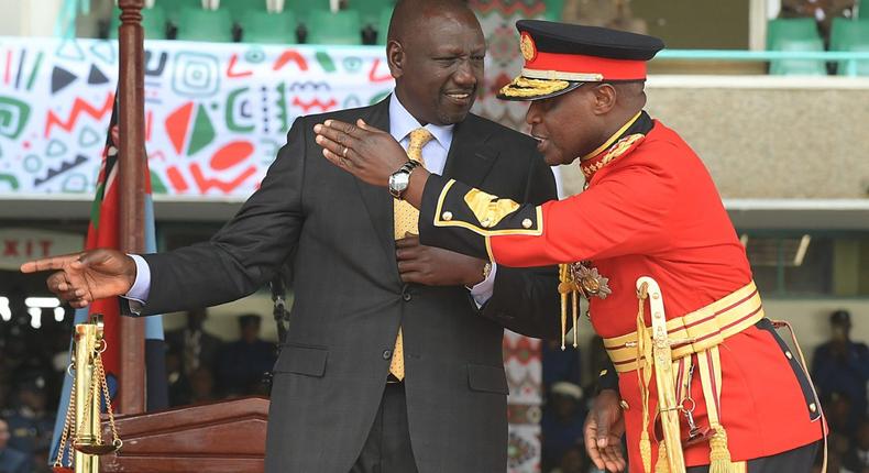 President William Ruto talks to General Robert Kibochi, Chief of the Kenya Defence Forces (KDF) during the official swearing-in ceremony, at the Moi International Sports Center Kasarani in Nairobi, on September 13, 2022.