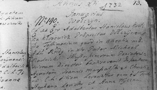 Fragment księgi metrykalnej z metryką Stanisława Augusta Poniatowskiego