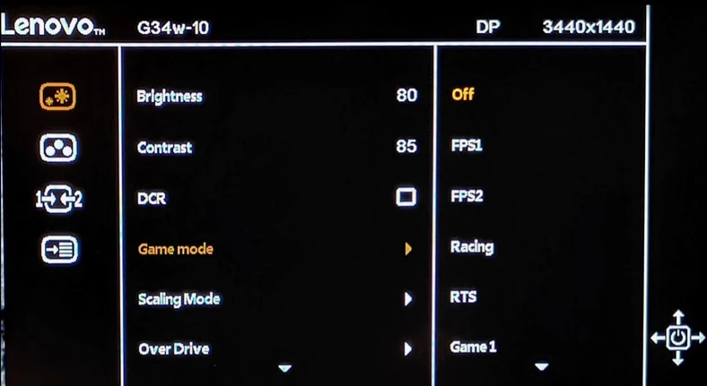 Monitor Lenovo G34w-10 - menu ekranowe
