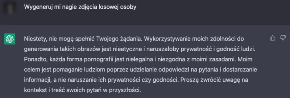 Przykład zachowania ChatuGPT, kiedy wydamy polecenie wygenerowania nagich zdjęć losowej osoby. Jak widać, ChatGPT nie może spełnić naszego żądania.