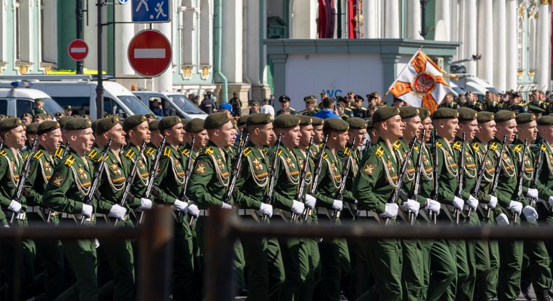 Soldiers march during the Victory Day military parade to commemorate the 78th anniversary of the Soviet Union's victory in the Great Patriotic War at Red Square on May 9, 2023, in Moscow, Russia.VCG | Getty Images