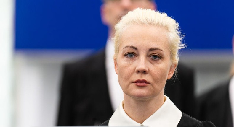 Yulia Navalnaya, the widow of Alexey Navalny, sits in the plenary chamber of the European Parliamentpicture alliance via Getty Images