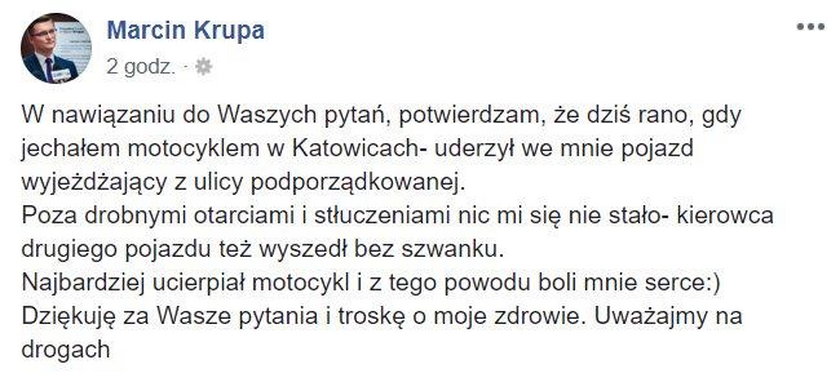 Prezydent Katowic miał wypadek na motocyklu. Uderzył w niego samochód