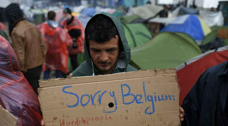 Sajnálom Belgium, ez áll egy szíriai menekült tábláján / Fotó: MTI