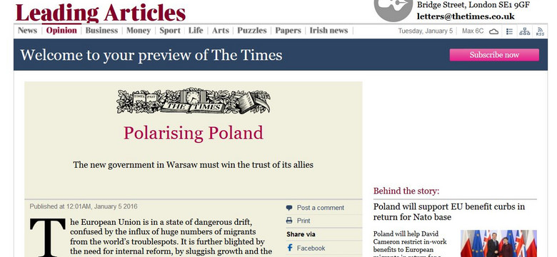 Londyński "Times" o reakcjach UE na rządy PiS: Uzasadniona, ale wiele jest w niej przesady