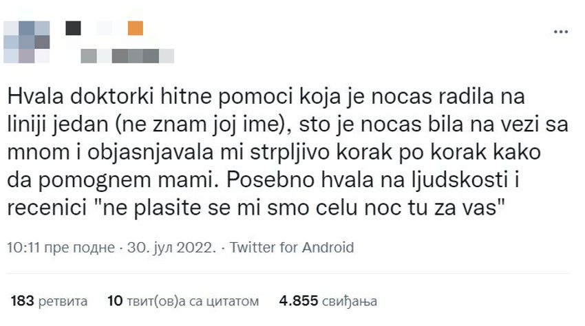 Zahvalnost doktorki hitne pomoći