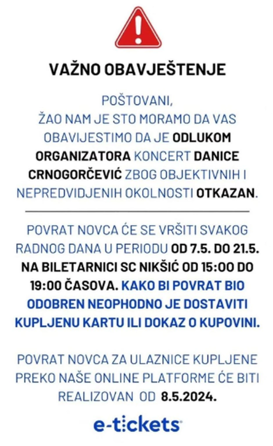 Otkazan koncert Danice Crnogorčević