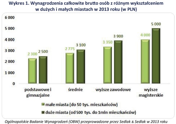 Wynagrodzenia brutto osób z różnym wykształceniem w dużych i małych miastach w 2013 roku