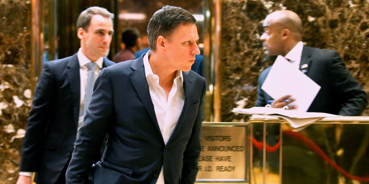Peter Thiel walks out of Trump Tower.