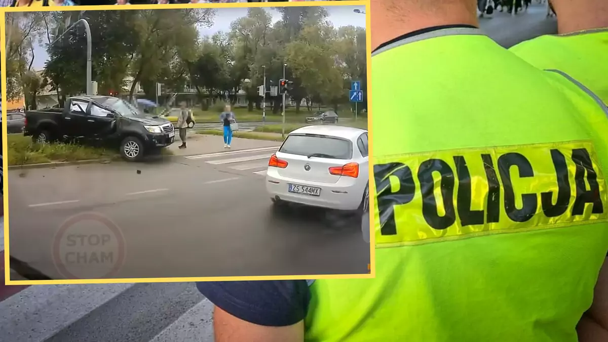 Nieoznakowany radiowóz zderzył się na skrzyżowaniu w Szczecinie z BMW. Policyjnym samochodem był przewożony zatrzymany (screen: STOPCHAM/YouTube)
