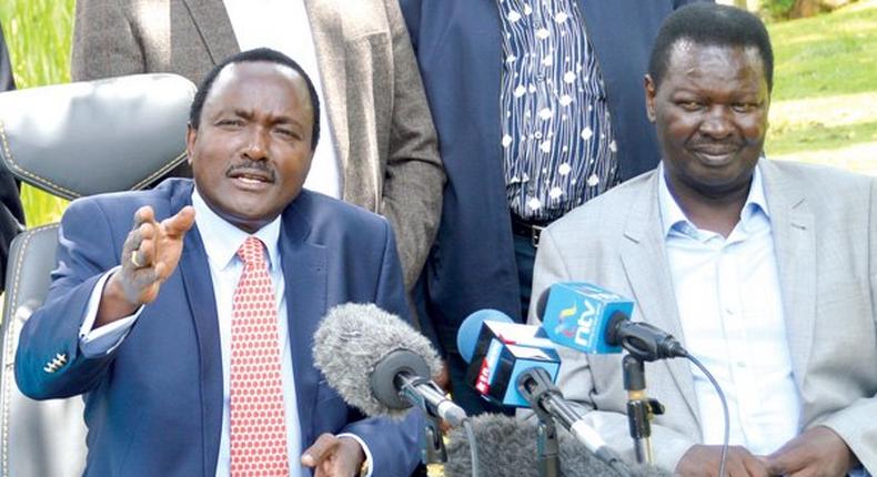 Wiper Party leader Kalonzo Musyoka (left) accompanied by Kitui West MP Francis Nyenze at a past press conference in Nairobi. 