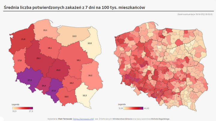 Średnia liczba zakażeń z siedmiu dni na 100 tys. mieszkańców