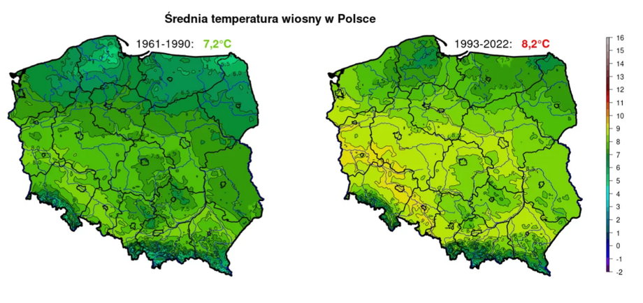 Wiosna w Polsce jest coraz bardziej ciepła i sucha. Mapka dzięki uprzejmości serwisu naukaoklimacie.pl.