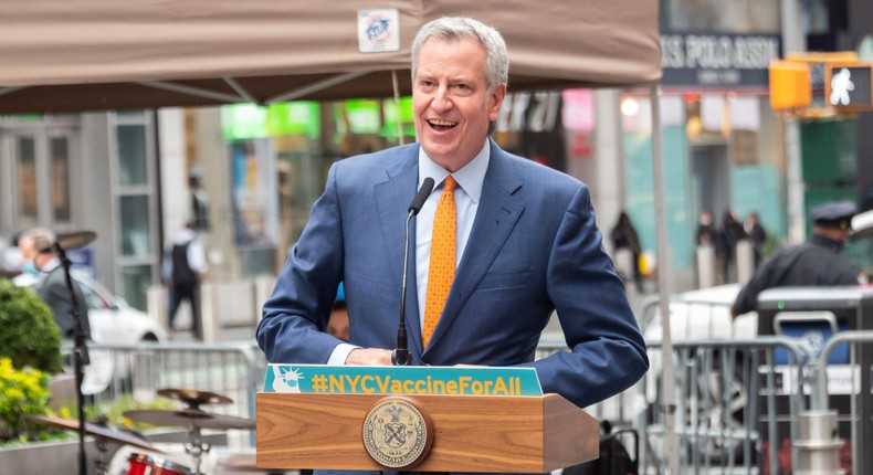 Mayor of New York City Bill de Blasio speaks during the opening of a vaccination center for Broadway workers in Times Square on April 12, 2021 in New York City.
