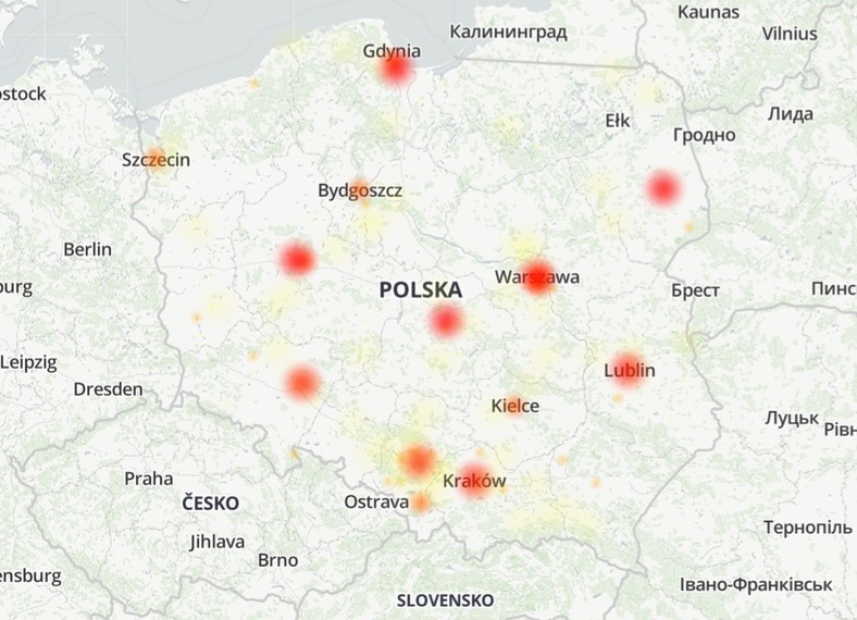 Mapa zgłoszonych awarii w serwisie Downdetector