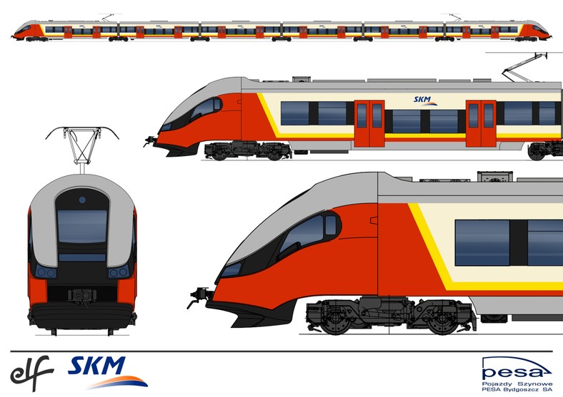 Pociąg Pesa ELF w barwach Warszawy, który będzie woził pasażerów z lotniska Okęcie do centrum miasta (2). Fot. materiały prasowe UM Warszawa