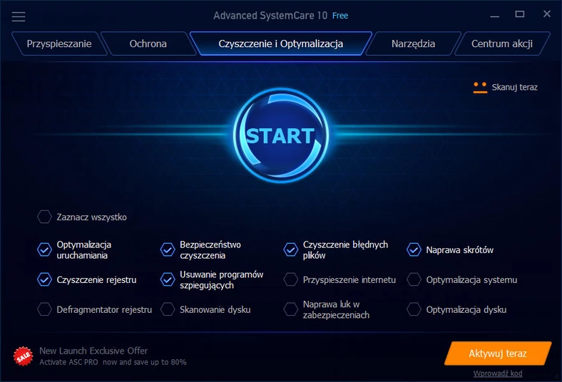Główne okno programu Advanced SystemCare Free do optymalizacji systemów Windows