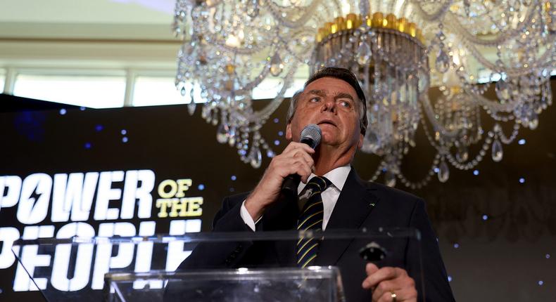Far-right former Brazilian President Jair Bolsonaro speaks during the Turning Point USA event at the Trump National Doral Miami resort on February 03, 2023 in Doral, Florida.Joe Raedle/Getty Images