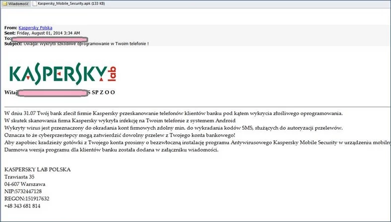 Falszywy mail - Kaspersky - mBank