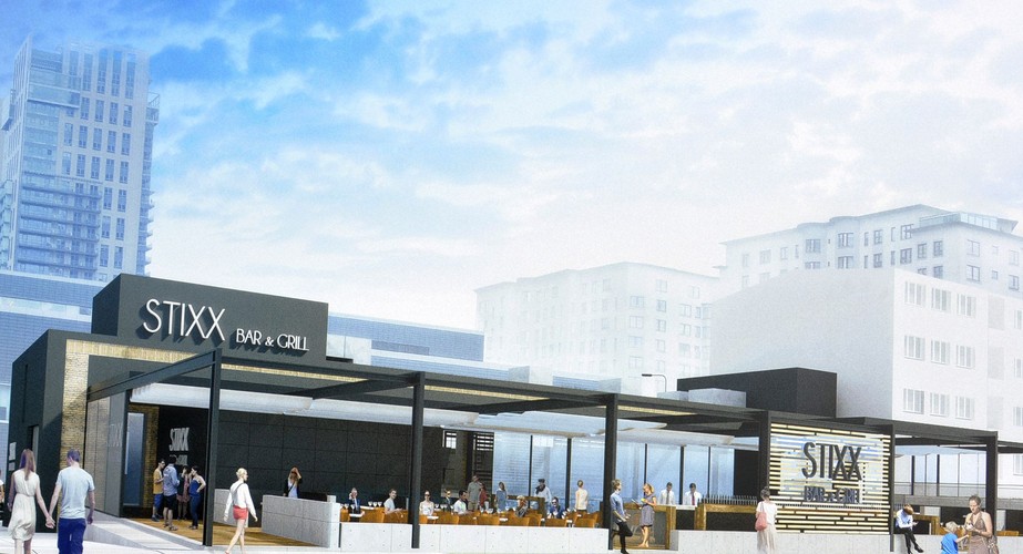 Przestrzeń placu Europejskiego będzie natomiast całkowicie niedostępna dla ruchu kołowego. „Partery poszczególnych części kompleksu oraz całe trzecie piętro w budynku wieżowym przeznaczone zostaną na funkcje usługowe. Powstanie tu również wolnostojący pawilon restauracyjny, a dawne budynki magazynowe przy ul. Wroniej otrzymają drugie życie – po rewitalizacji będą mieścić unikalny koncept restauracji. Dodatkowymi atrakcjami będą taras widokowy oraz pasaż artystyczny wzdłuż ul. Grzybowskiej, przeznaczony na czasowe wystawy” – informuje Ghelamco. Na zdjęciu: Plac Europejski - wizualizacja